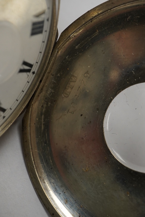 A George V silver J.W. Benson keyless half hunter pocket watch, with Roman dial and subsidiary seconds, case diameter 49mm. Condition - poor to fair